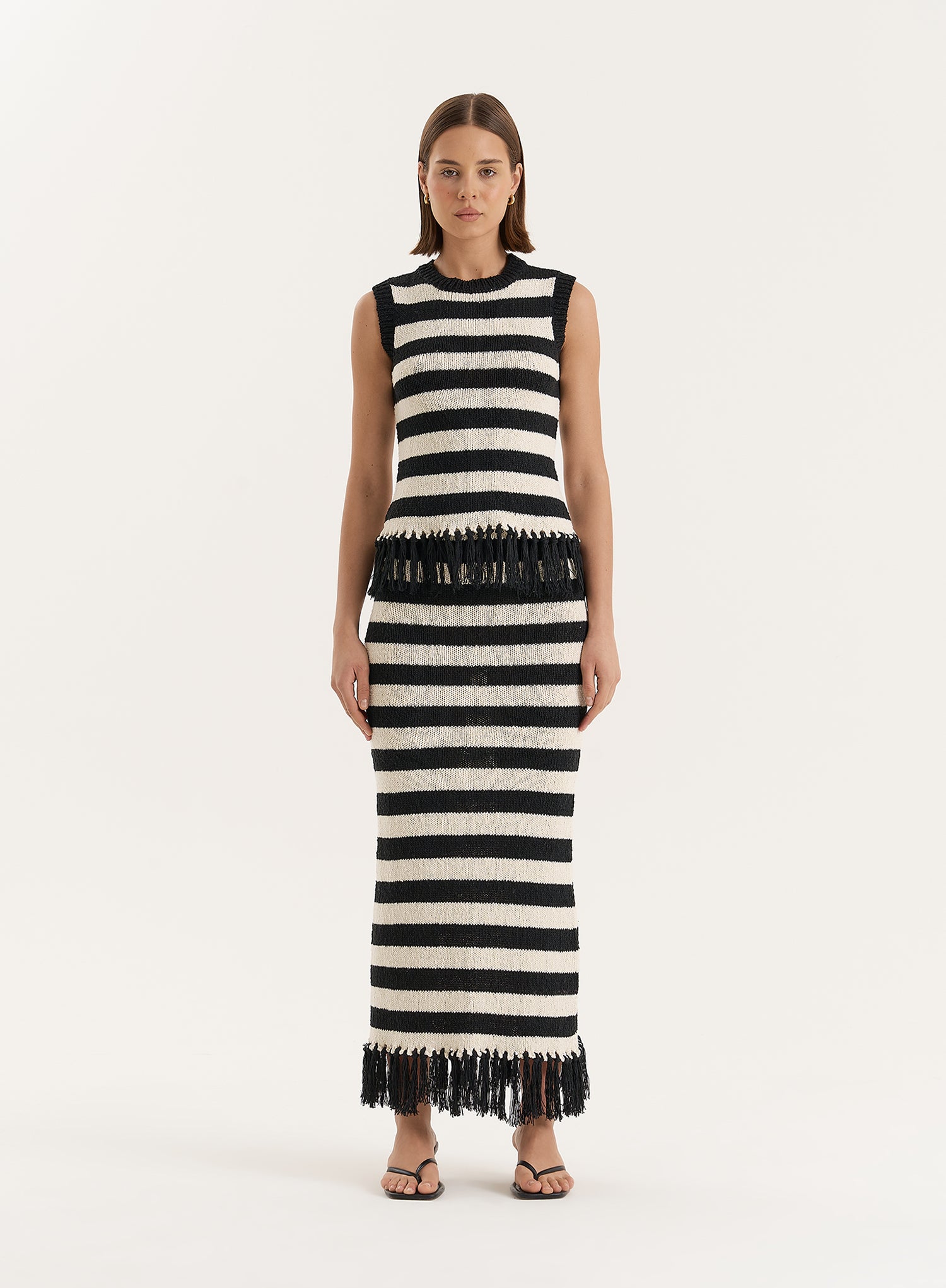 Striped Sleeveless Knitted Tassel Trim Top